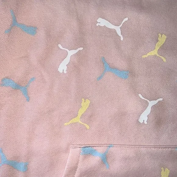 PUMA Youth Hoodie Sweatshirt Pink W/Yellow Blue White Cat Logo All Over NWT Kids - Picture 2 of 11